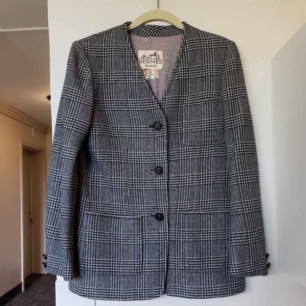 Hermes Women's Wool Black and White Houndstooth Plaid Jacket XS